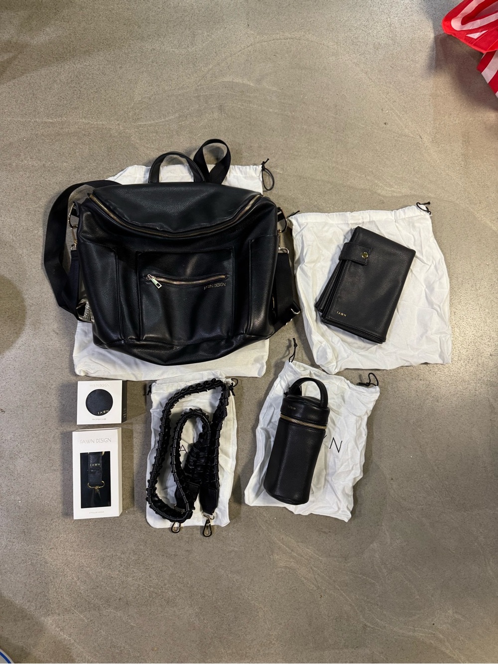Fawn Design Black Leather Baby Bag Set with Accessories